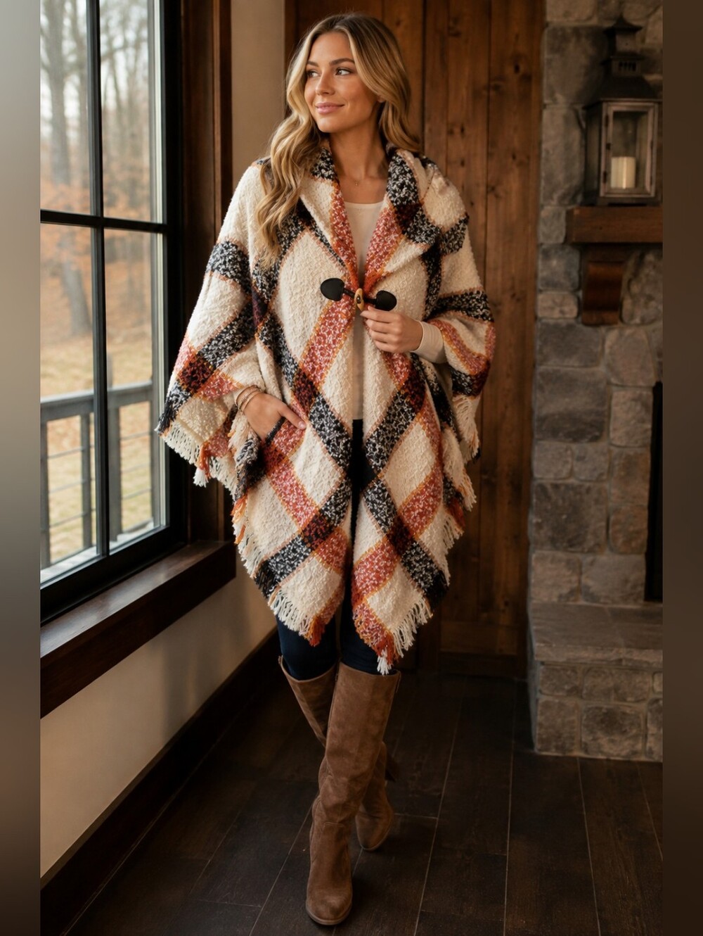 Marc New York Andrew Marc Plaid Boucle Blanket Poncho Cape One Size Fringe